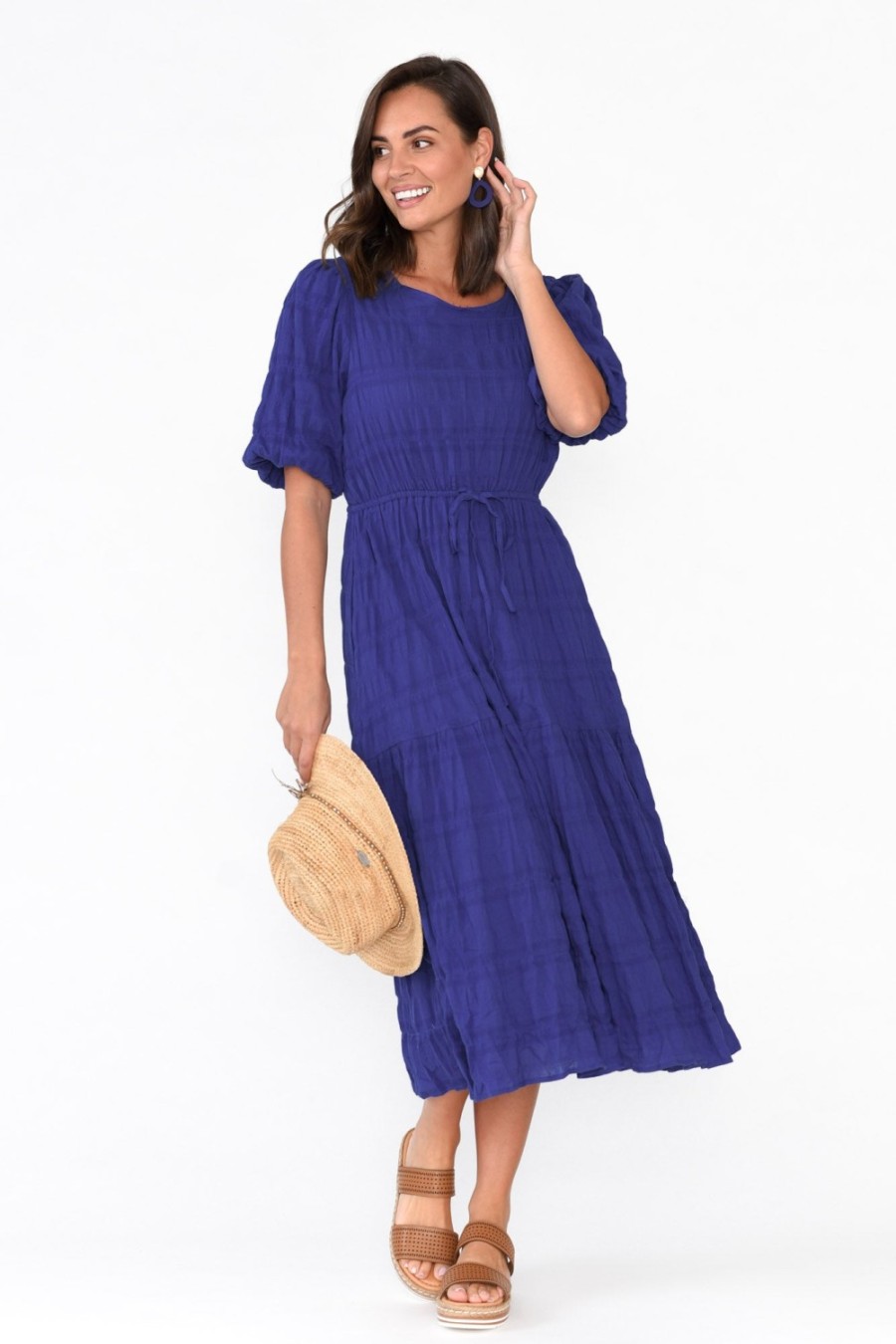 Clothing Cali and Co Midi Dresses | Rava Cobalt Cotton Tie Dress