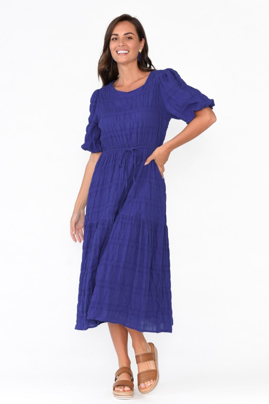 Clothing Cali and Co Midi Dresses | Rava Cobalt Cotton Tie Dress