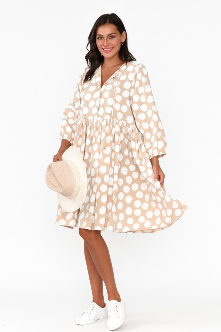 Clothing Cali and Co Cotton Dresses | Frieda Beige Spot Cotton Tie Dress