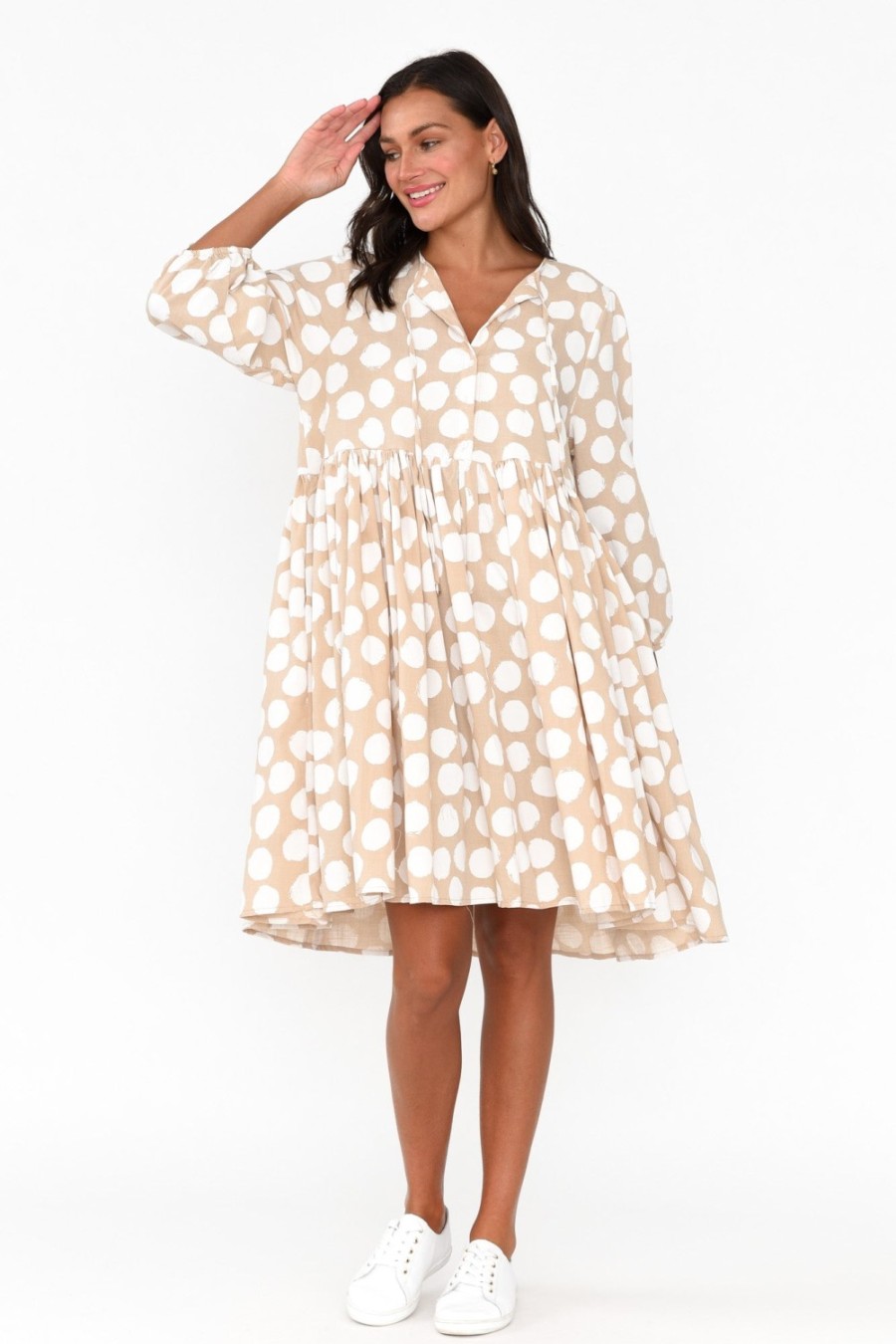 Clothing Cali and Co Cotton Dresses | Frieda Beige Spot Cotton Tie Dress