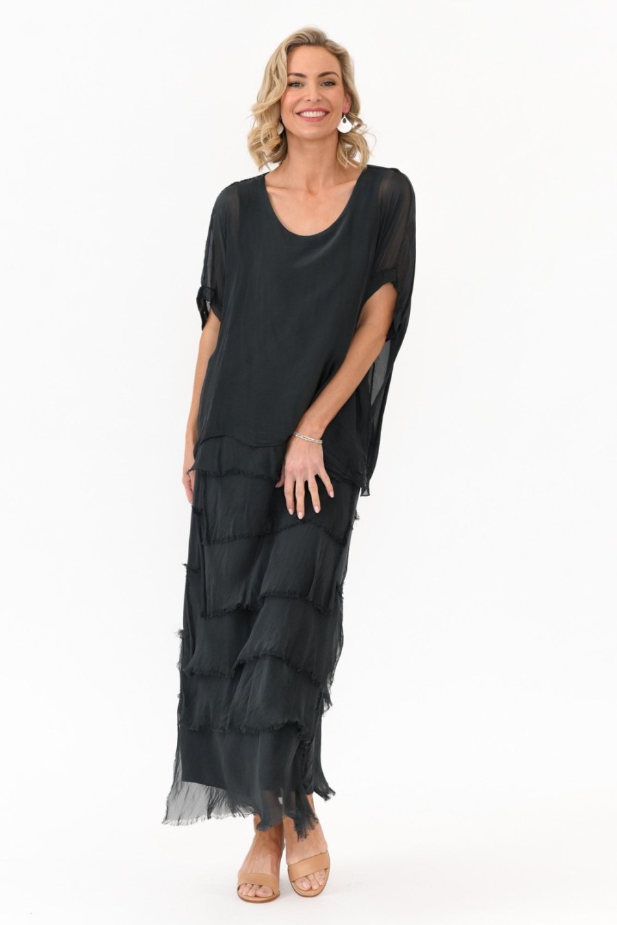 Clothing Donna Donna Maxi Dresses | Maryland Charcoal Silk Layer Dress