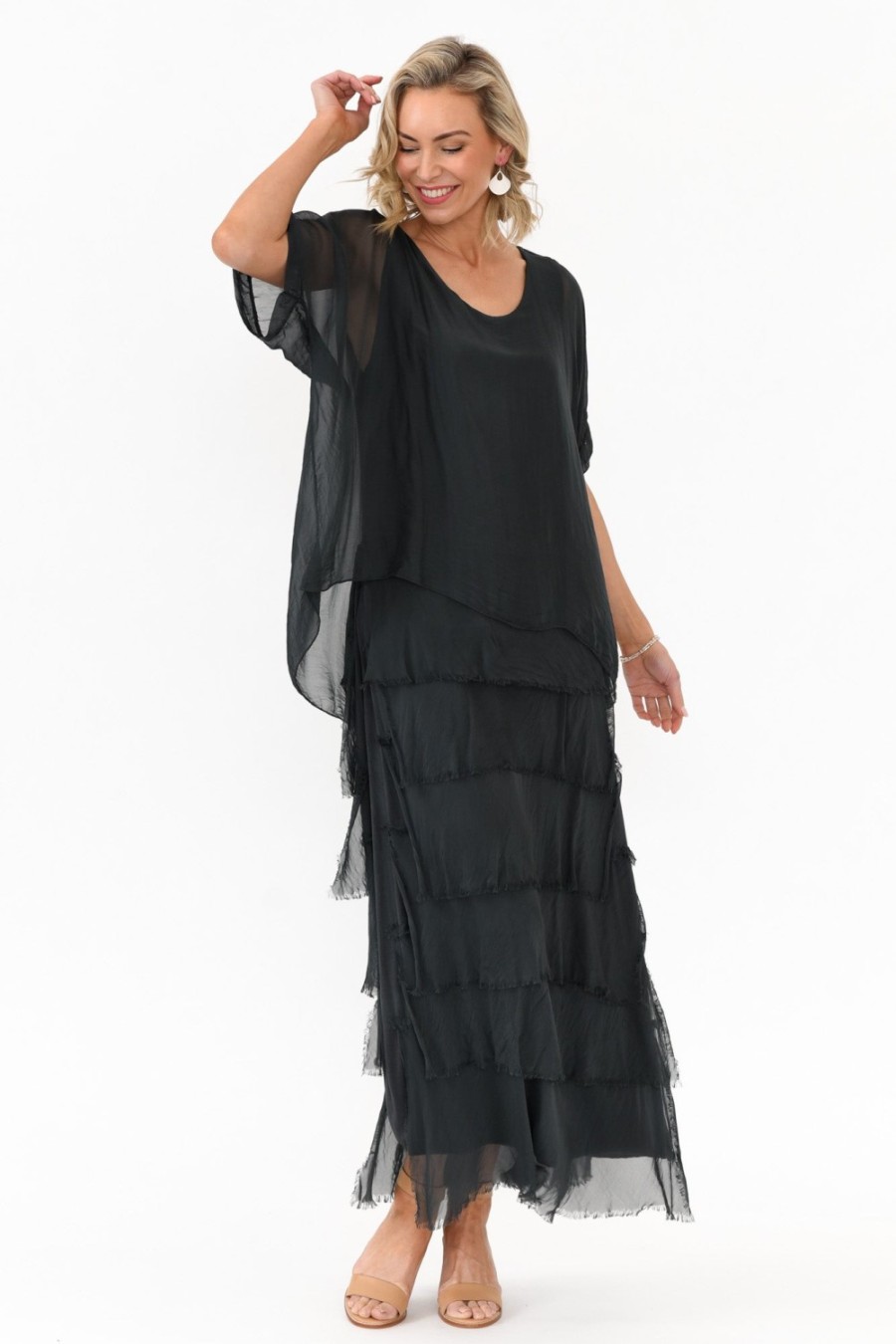 Clothing Donna Donna Maxi Dresses | Maryland Charcoal Silk Layer Dress