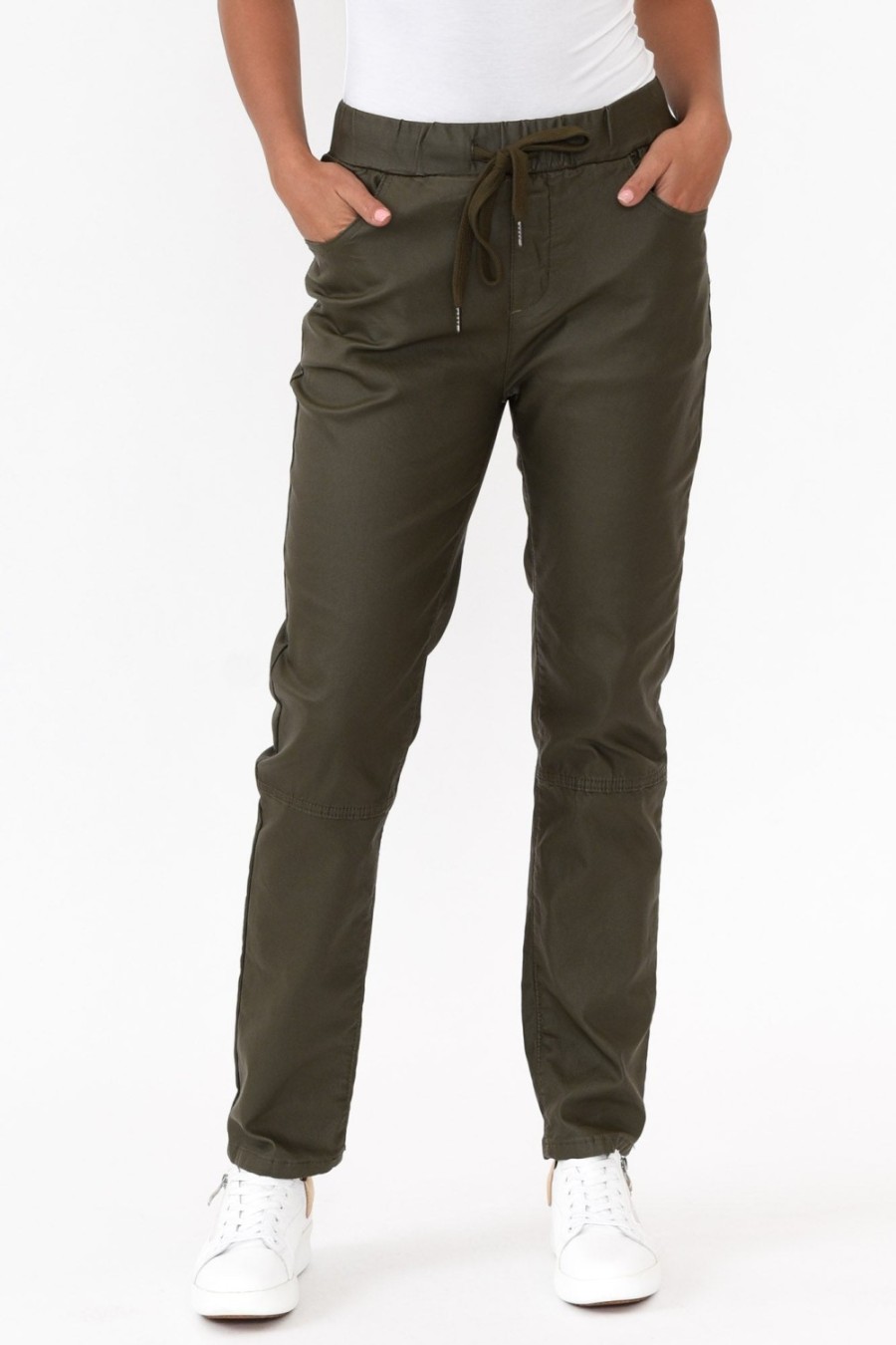 Clothing Italian Star Pants | Suzi Khaki Wet Look Stretch Pant