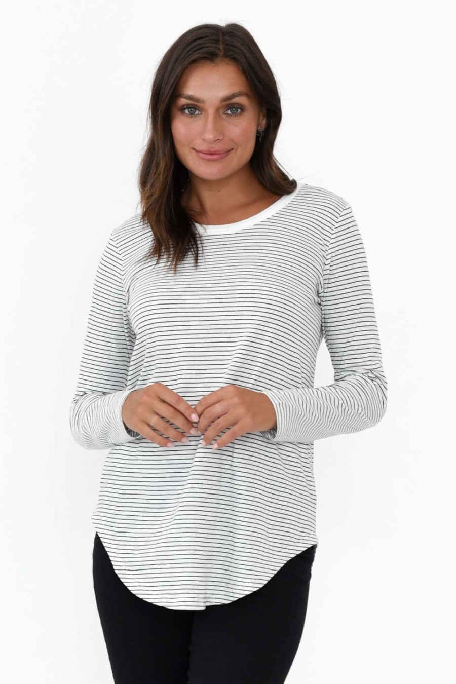 Clothing Betty Basics Cotton Tops | Megan White Stripe Long Sleeve Cotton Top