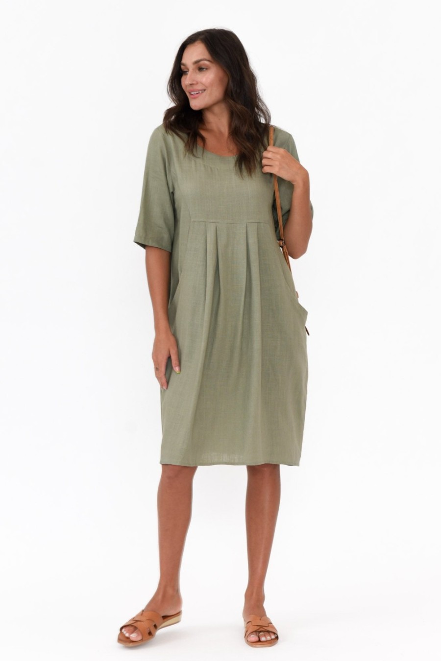 Clothing Hourglass Linen Dresses | Myley Sage Linen Cotton Dress