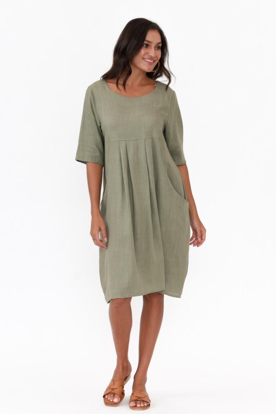 Clothing Hourglass Linen Dresses | Myley Sage Linen Cotton Dress