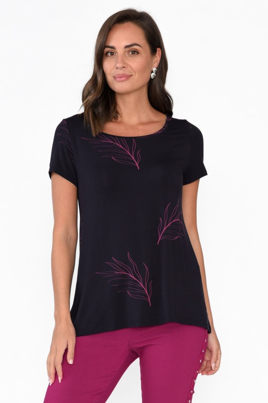 Clothing Tani Sleeved Tops | Navy Leaf Micro Modal Swing Tee