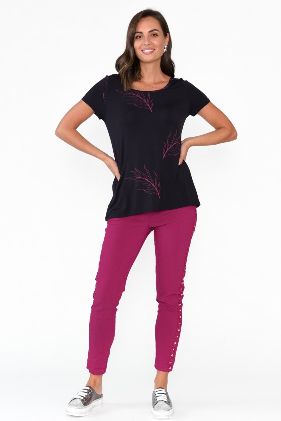 Clothing Tani Sleeved Tops | Navy Leaf Micro Modal Swing Tee