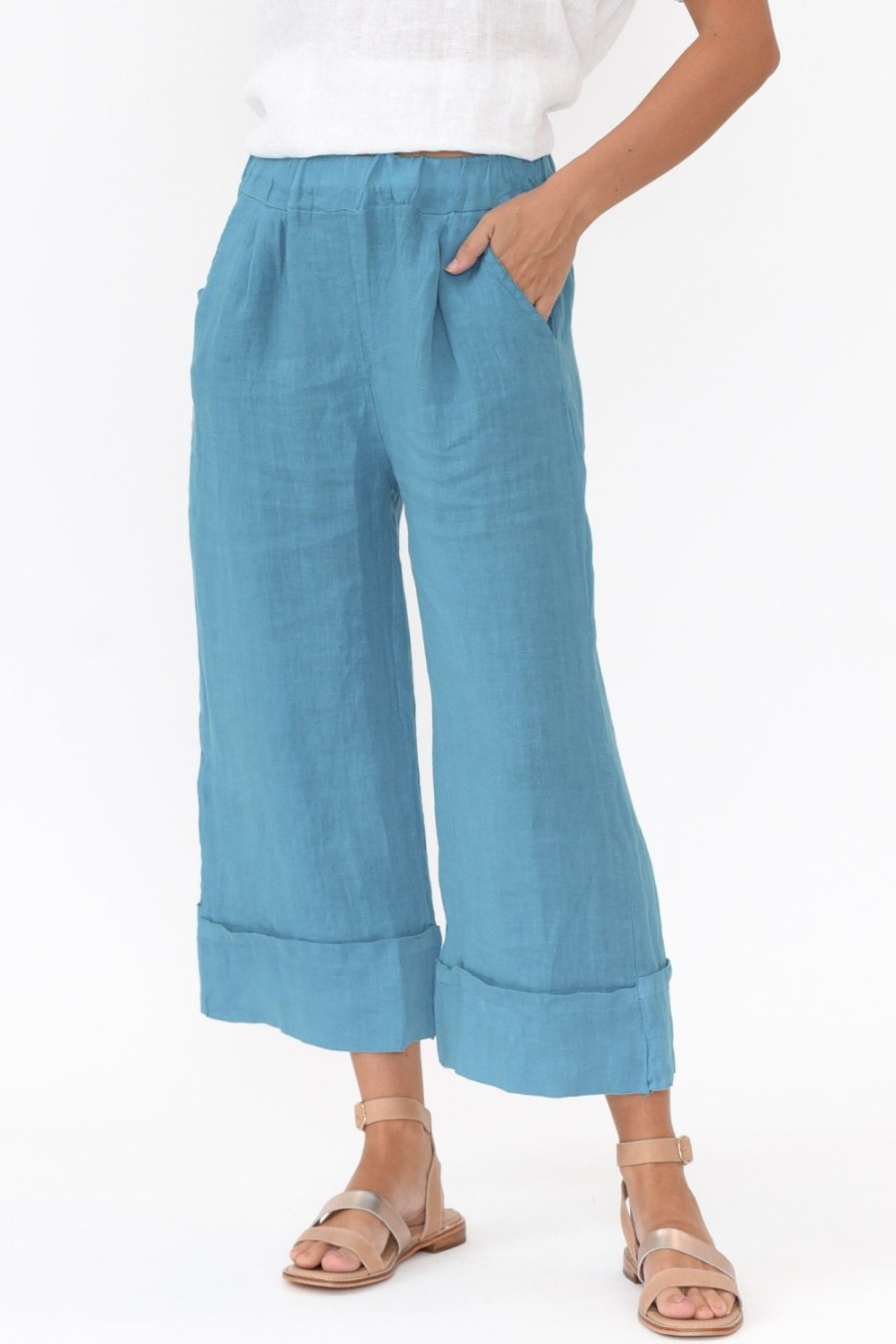 Clothing Donna Donna Pants | Matteo Blue Linen Wide Leg Pant