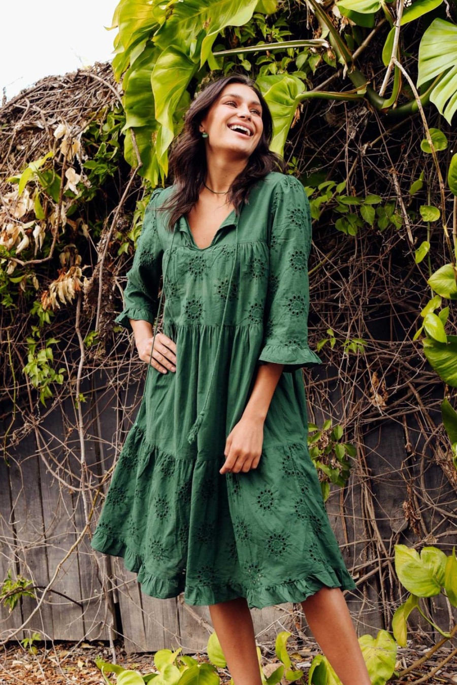 Clothing Worthier Cotton Dresses | Valentina Emerald Cotton Embroidered Dress