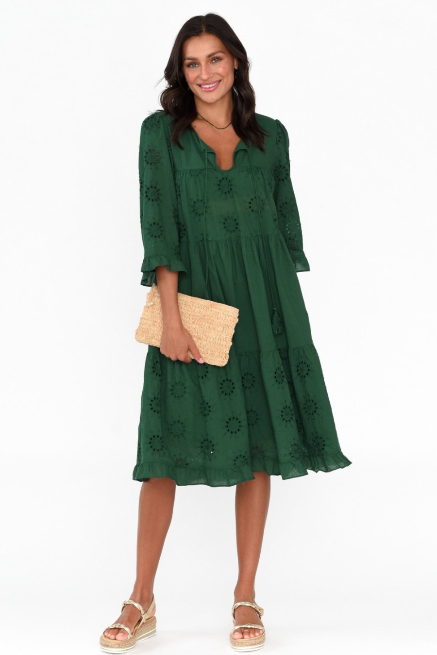 Clothing Worthier Cotton Dresses | Valentina Emerald Cotton Embroidered Dress