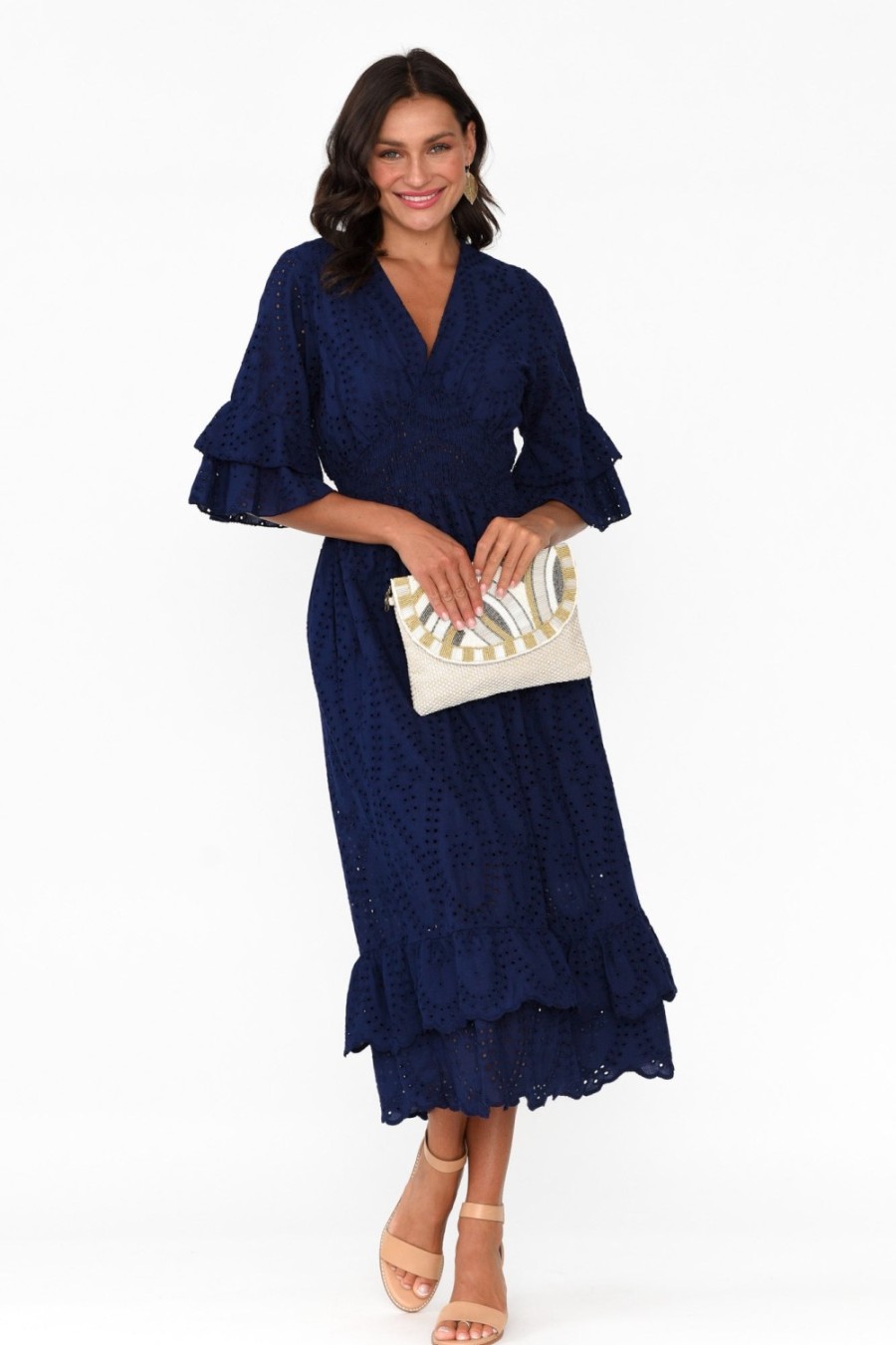 Clothing La Strada Cotton Dresses | Adia Navy Embroidered Cotton Frill Dress