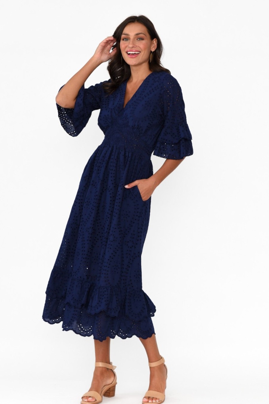 Clothing La Strada Cotton Dresses | Adia Navy Embroidered Cotton Frill Dress