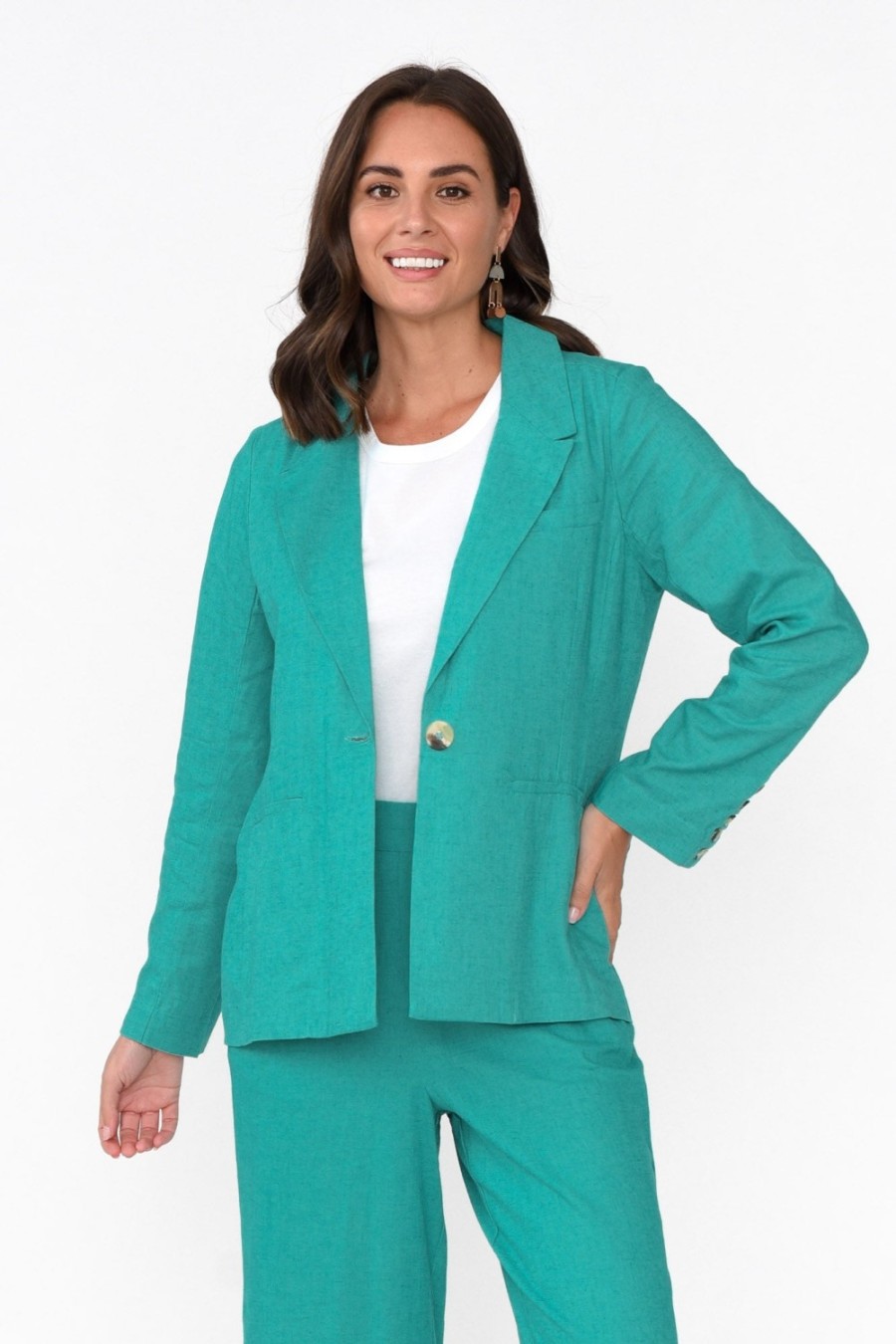 Clothing Betty Basics Jackets | Lisset Teal Linen Blend Blazer