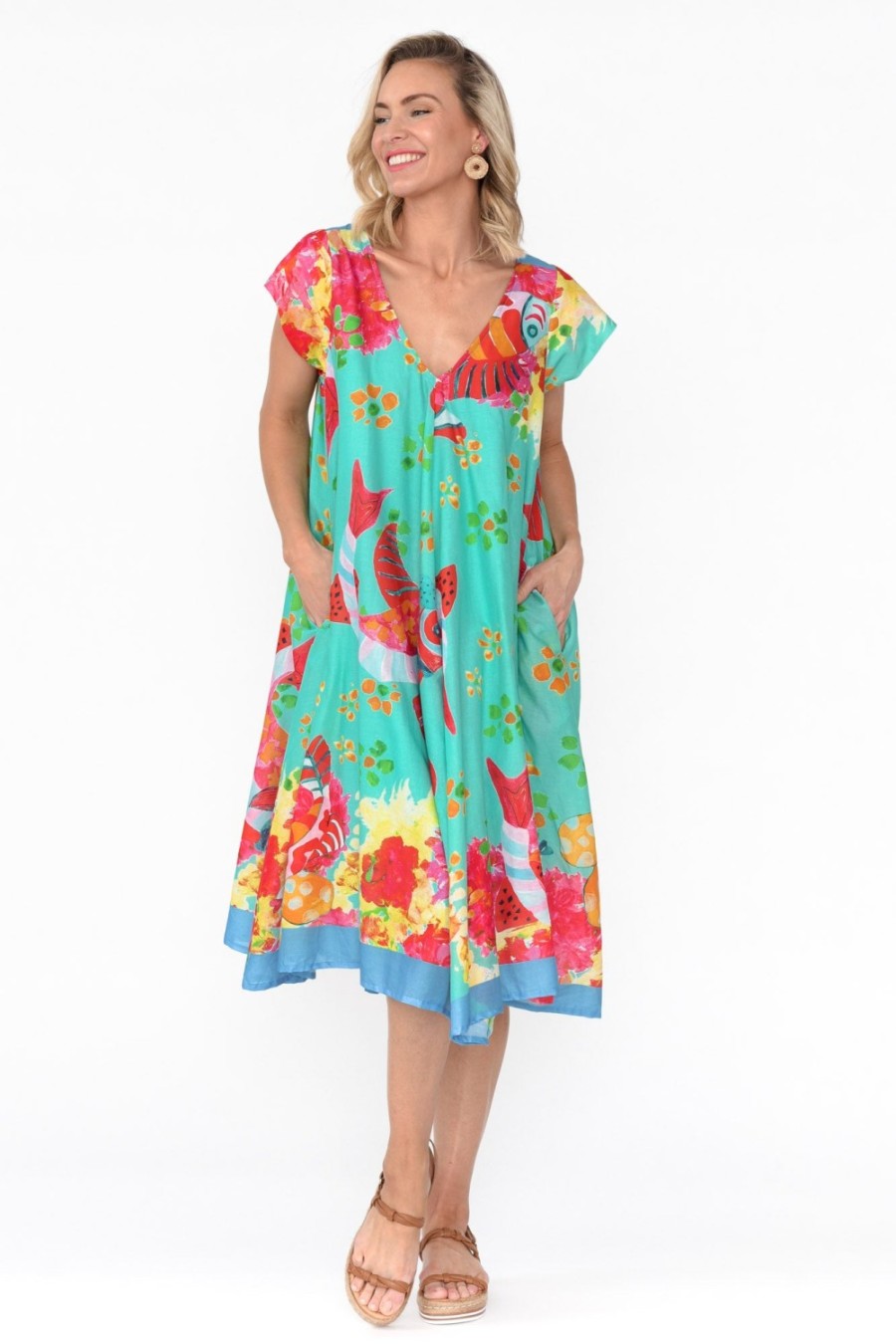 Clothing Mozaic Cotton Dresses | Maheno Teal Sea Cotton Midi Dress