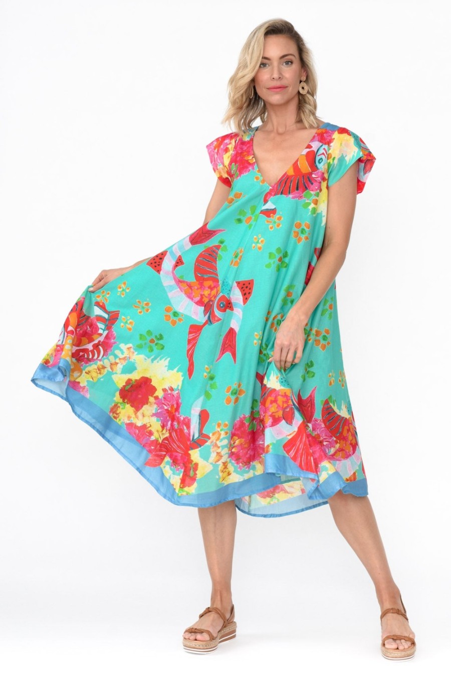 Clothing Mozaic Cotton Dresses | Maheno Teal Sea Cotton Midi Dress