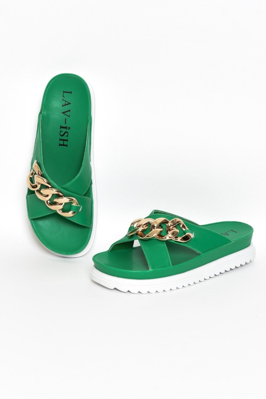 Shoes Lav-Ish Flat Sandals | Jelena Green Chain Crossover Slide