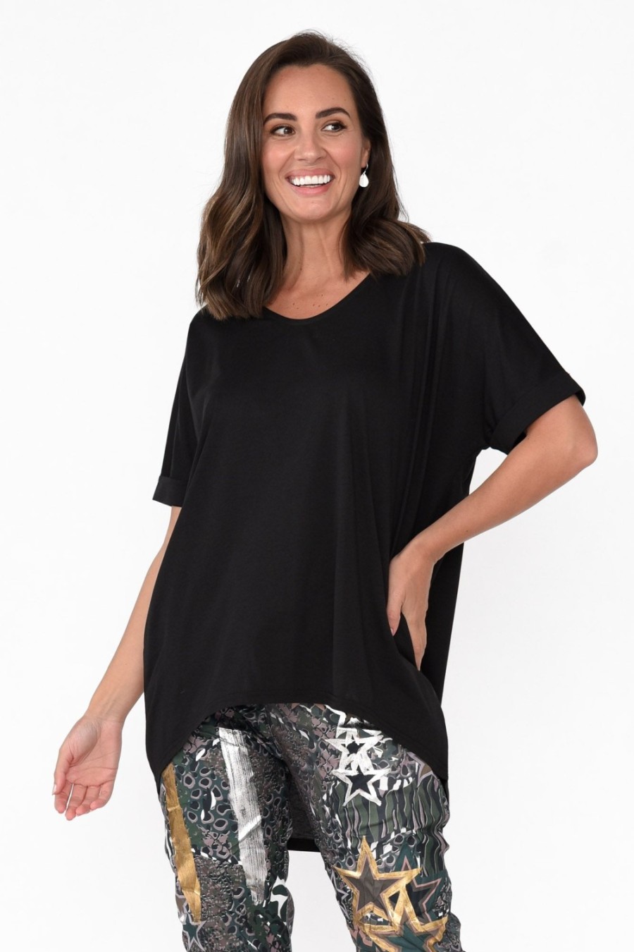 Clothing Tirelli Cotton Tops | Emiko Black Drape Cotton Top