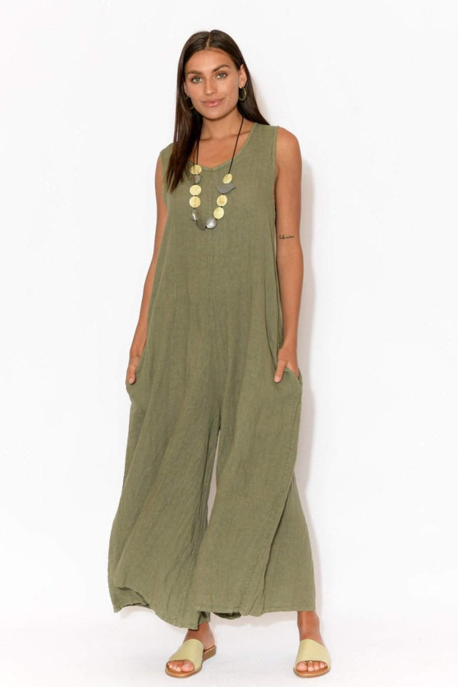 Clothing Talia Benson Linen Dresses | Fay Khaki Linen Jumpsuit