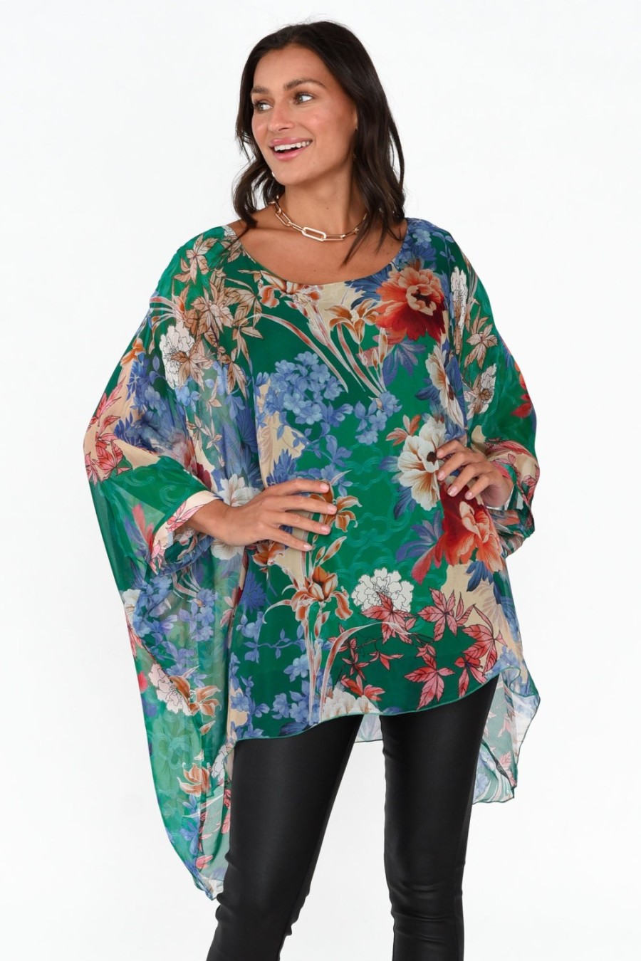 Clothing AE Luxe Tunic Tops | Wisteria Green Floral Silk Layer Top