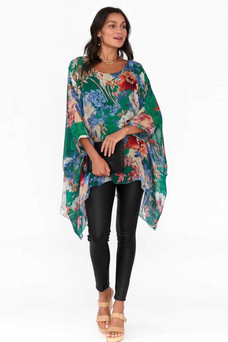 Clothing AE Luxe Tunic Tops | Wisteria Green Floral Silk Layer Top