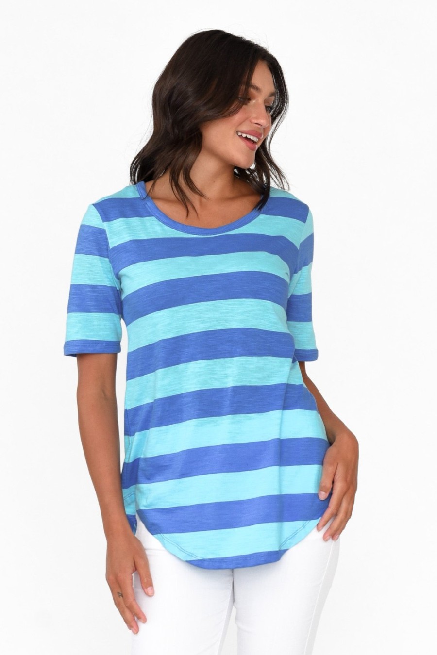 Clothing Betty Basics Cotton Tops | Ariana Aqua Stripe Cotton Tee