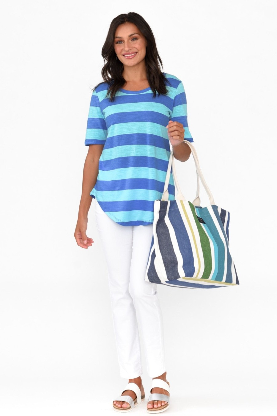 Clothing Betty Basics Cotton Tops | Ariana Aqua Stripe Cotton Tee