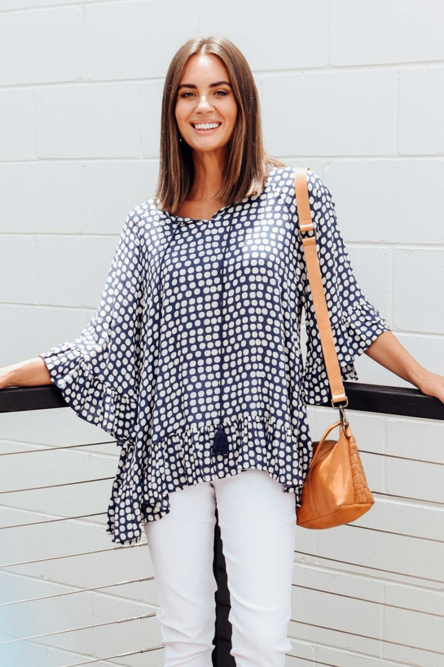 Clothing New U Collection Sleeved Tops | Chase Navy Spot Tassel Ruffle Top