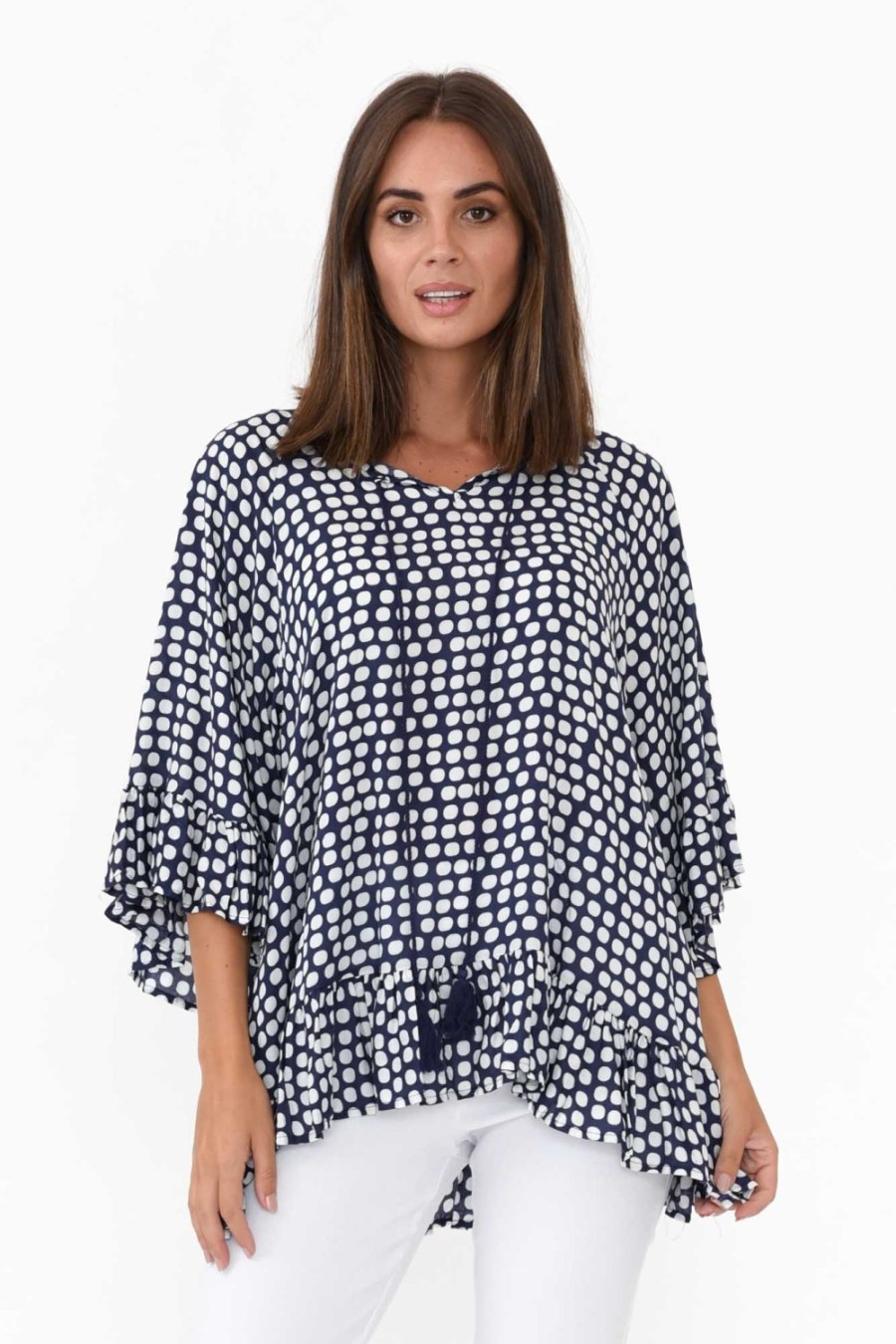 Clothing New U Collection Sleeved Tops | Chase Navy Spot Tassel Ruffle Top