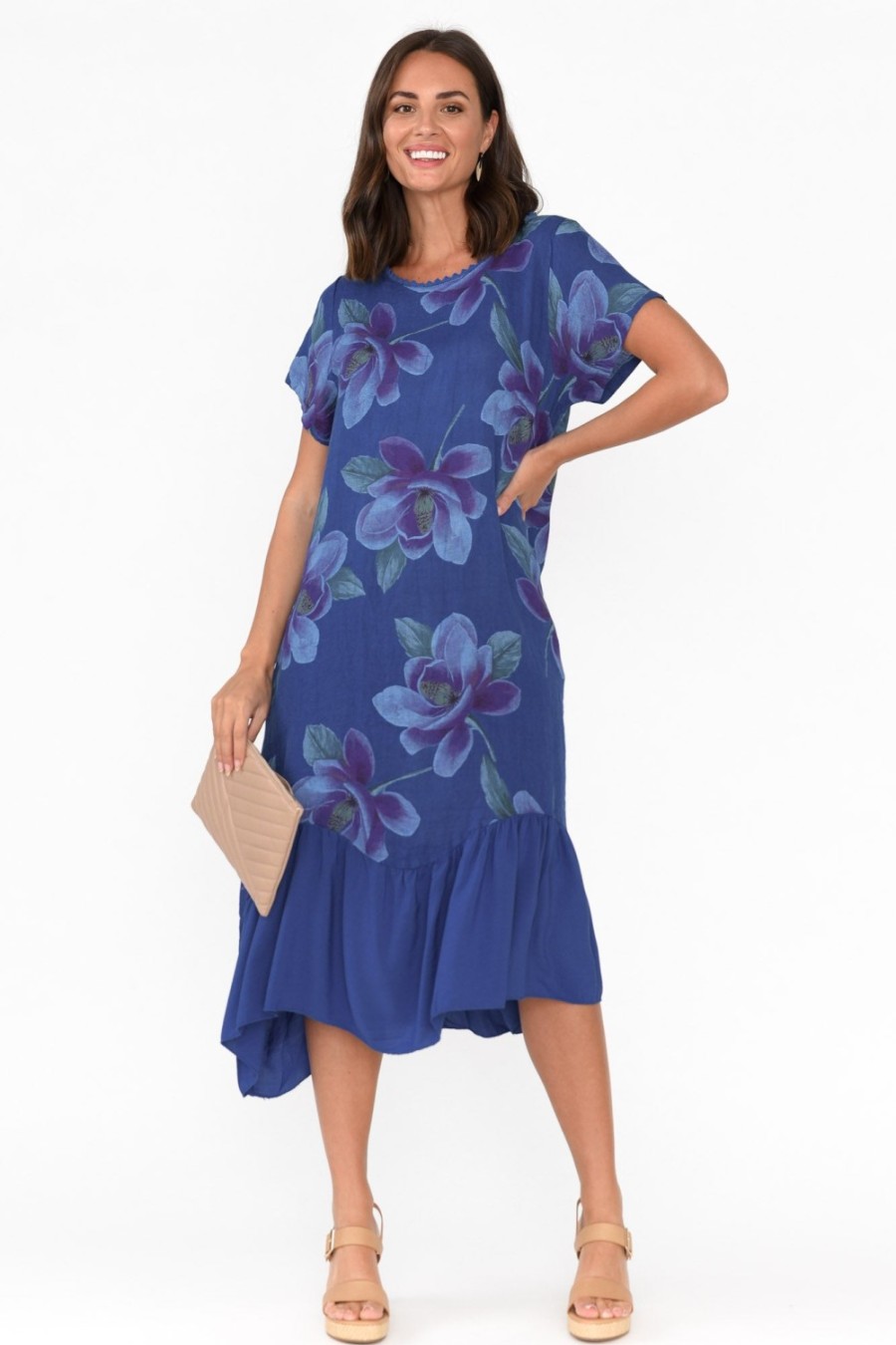 Clothing Fabuler Linen Dresses | Ryker Cobalt Floral Linen Pocket Dress