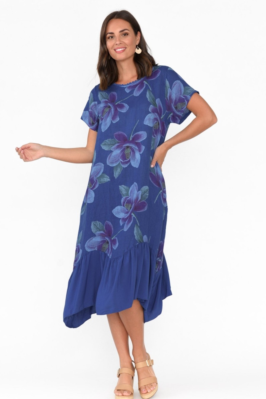 Clothing Fabuler Linen Dresses | Ryker Cobalt Floral Linen Pocket Dress