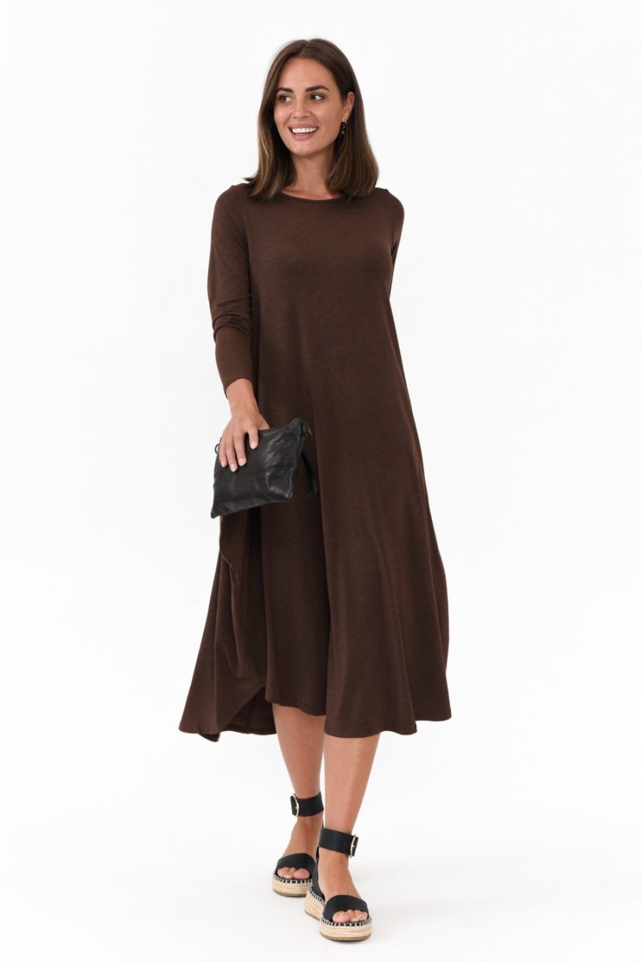 Clothing Tani Midi Dresses | Chocolate Marle Long Sleeved Micro Modal Drape Dress