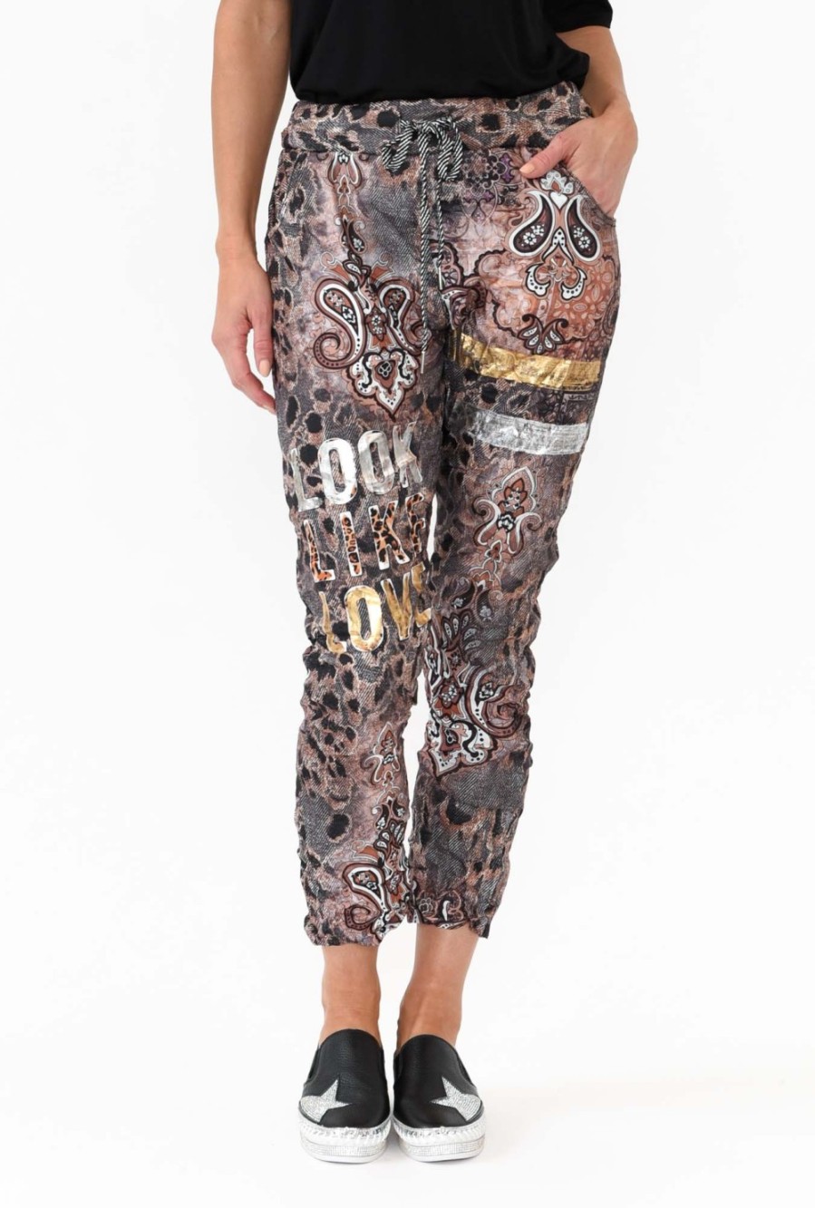 Clothing La Strada Pants | Russo Beige Abstract Drawstring Pant