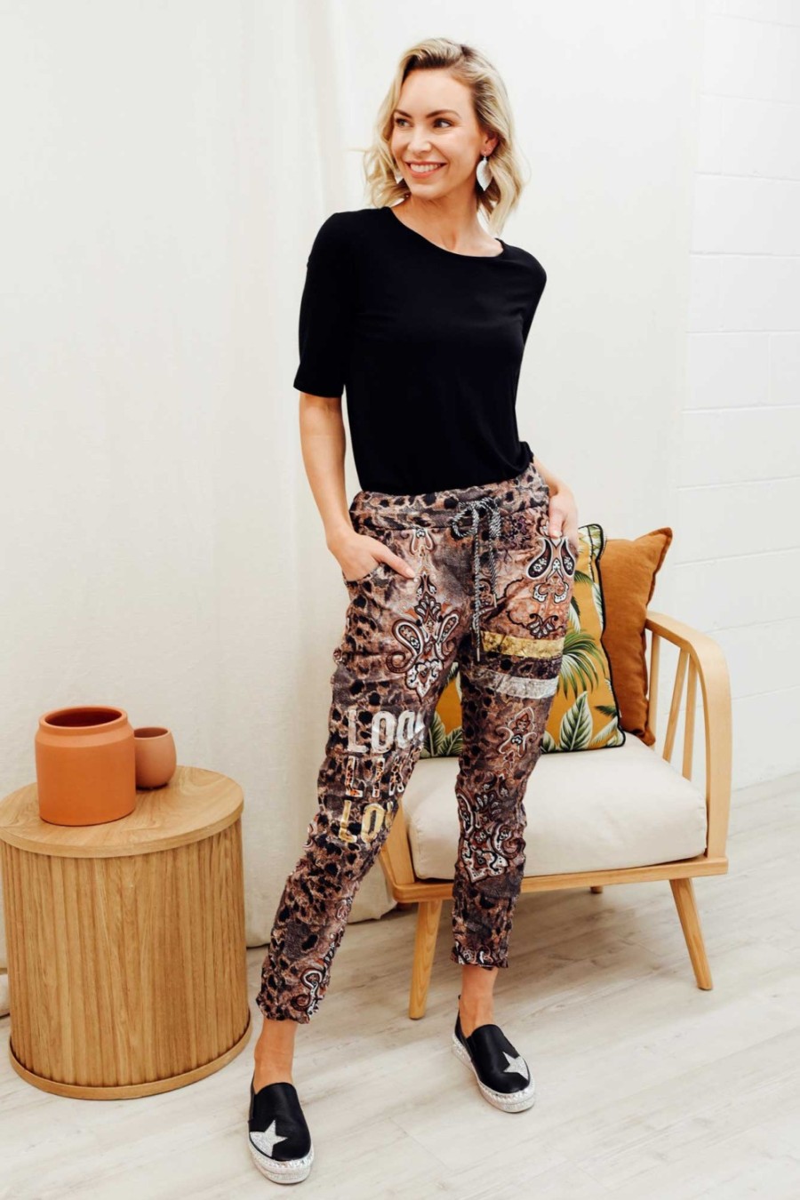 Clothing La Strada Pants | Russo Beige Abstract Drawstring Pant