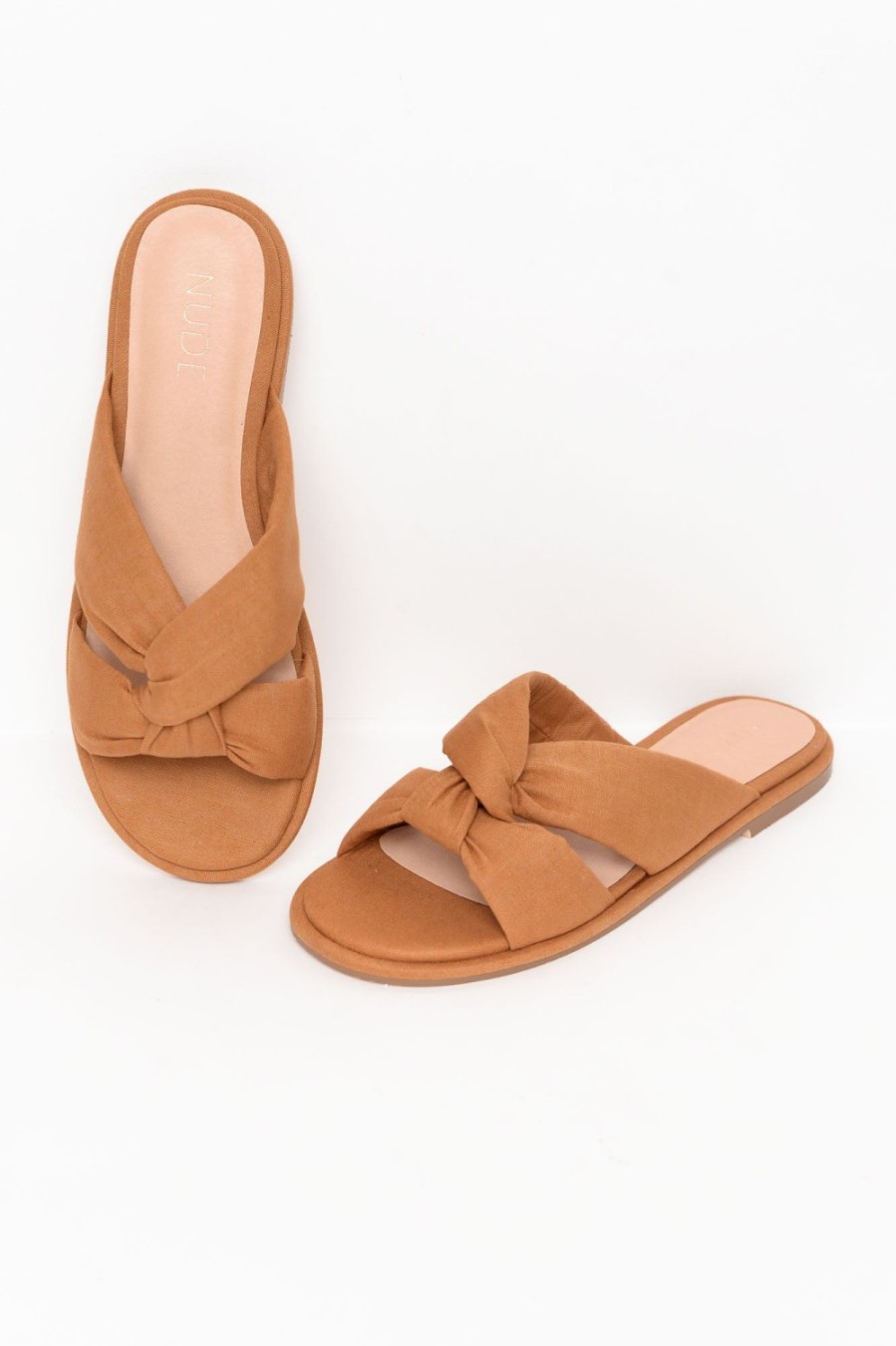 Shoes Nude Shoes Slides | Victoria Tan Linen Crossover Slide