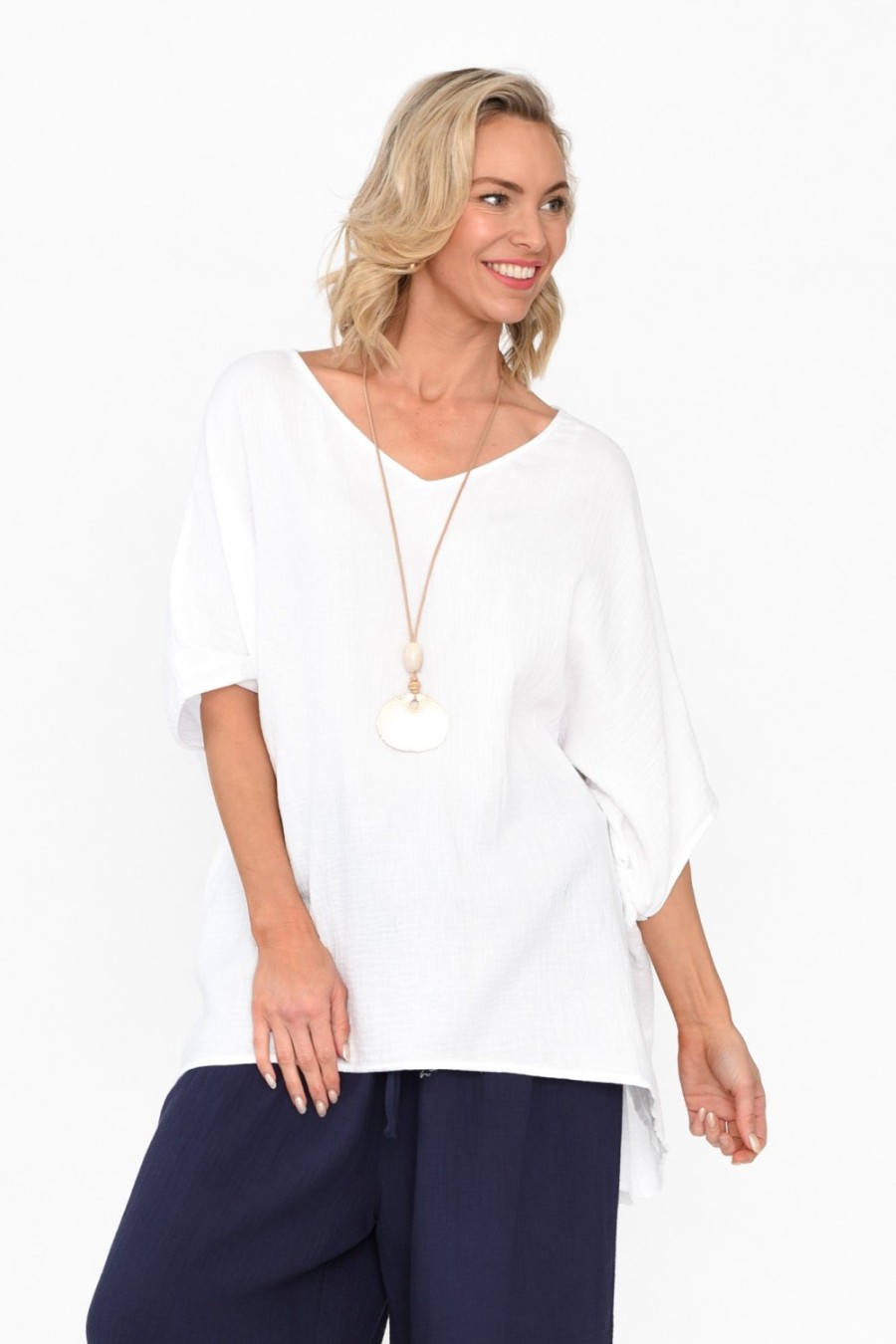 Clothing La Mode Cotton Tops | Maida White Cotton V Neck Top