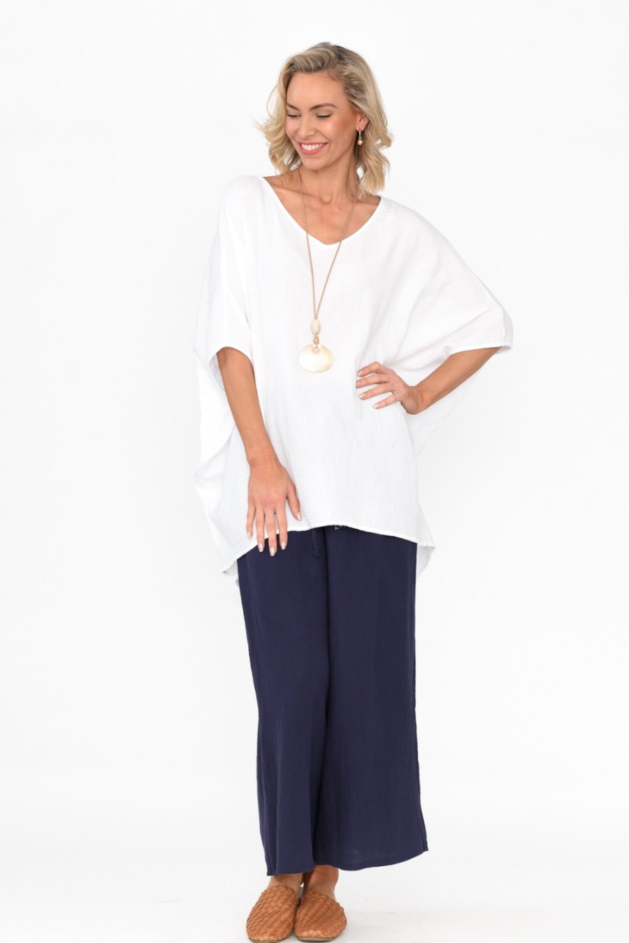 Clothing La Mode Cotton Tops | Maida White Cotton V Neck Top