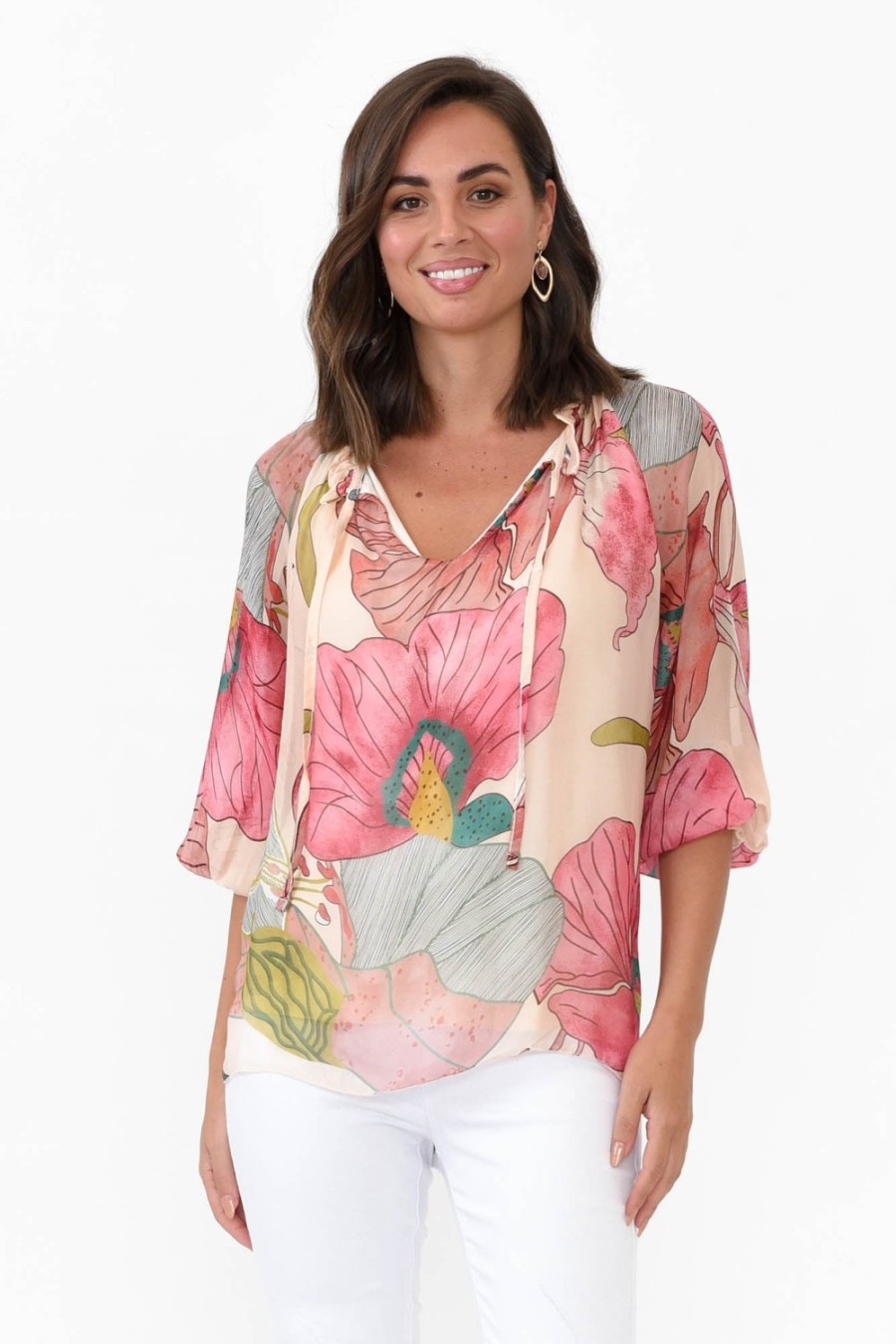 Clothing La Strada Sleeved Tops | Eliska Pink Flower Silk Top