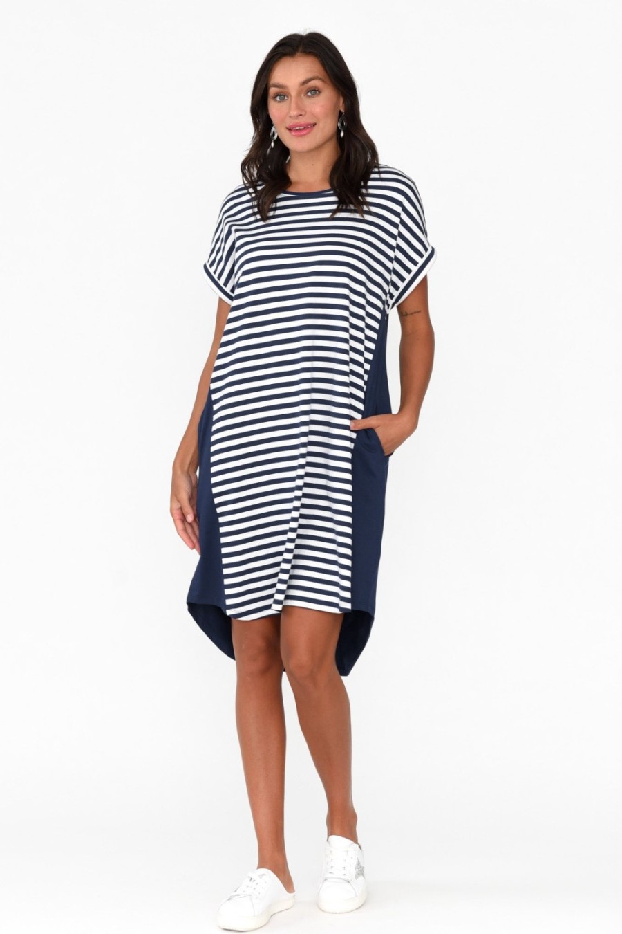 Clothing Betty Basics Cotton Dresses | Maxine Navy Stripe Cotton T-Shirt Dress