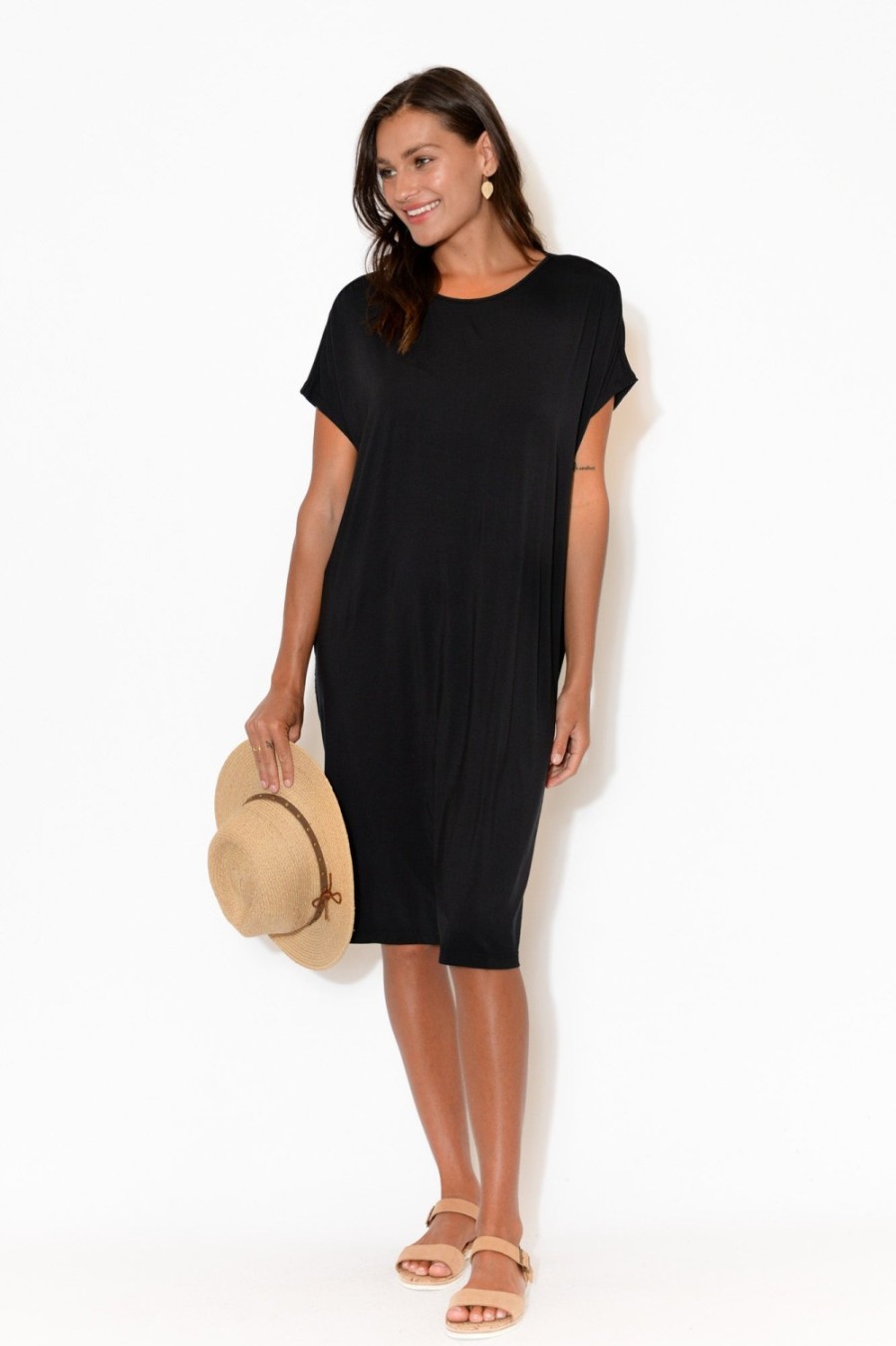 Clothing Tani Below Knee Dresses | Ava Black Micro Modal Shift Dress