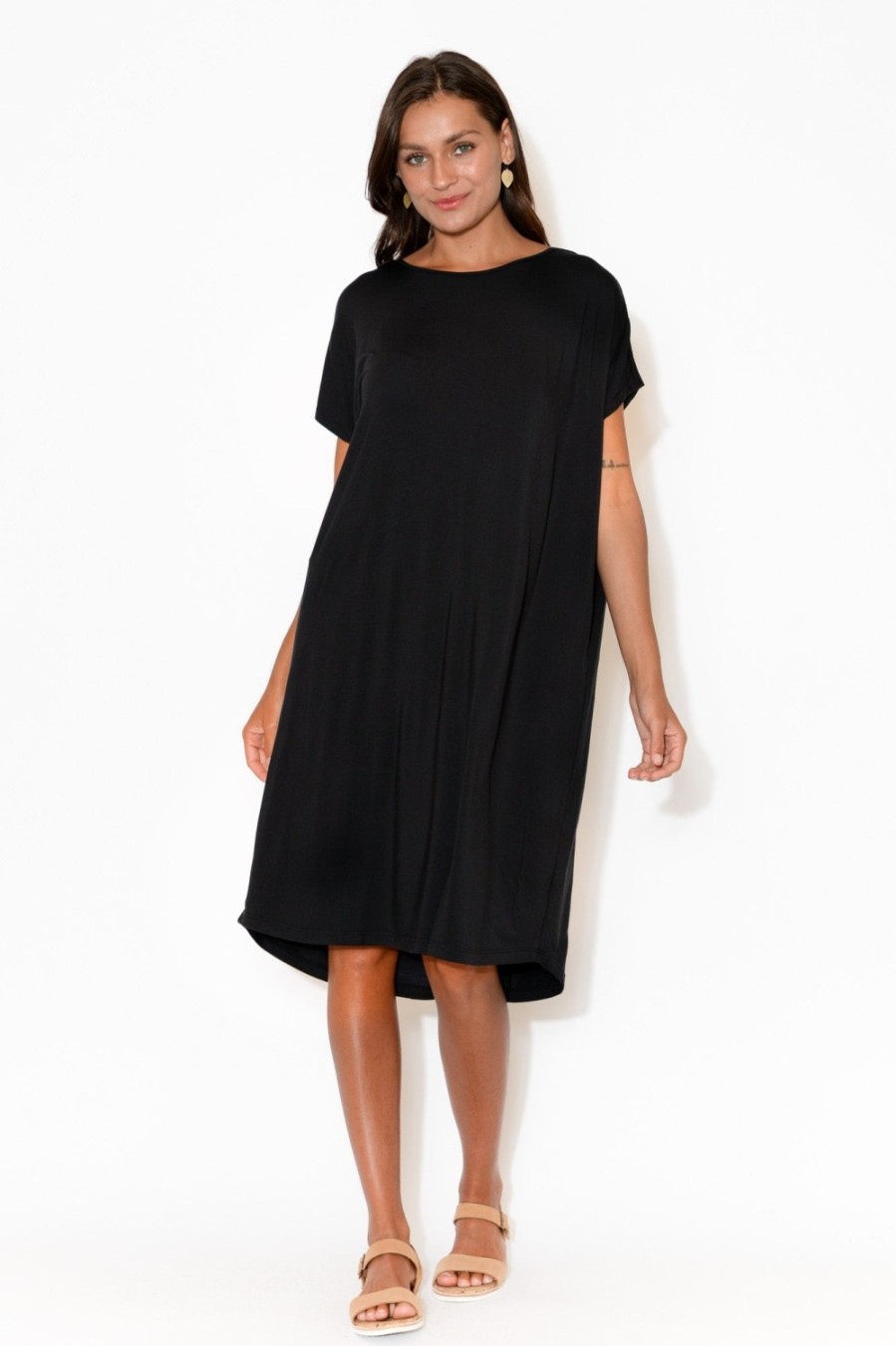 Clothing Tani Below Knee Dresses | Ava Black Micro Modal Shift Dress