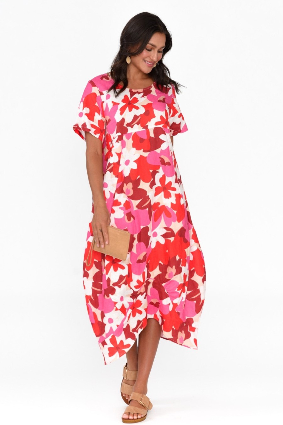 Clothing Cali and Co Linen Dresses | Mattie Red Floral Linen Dress