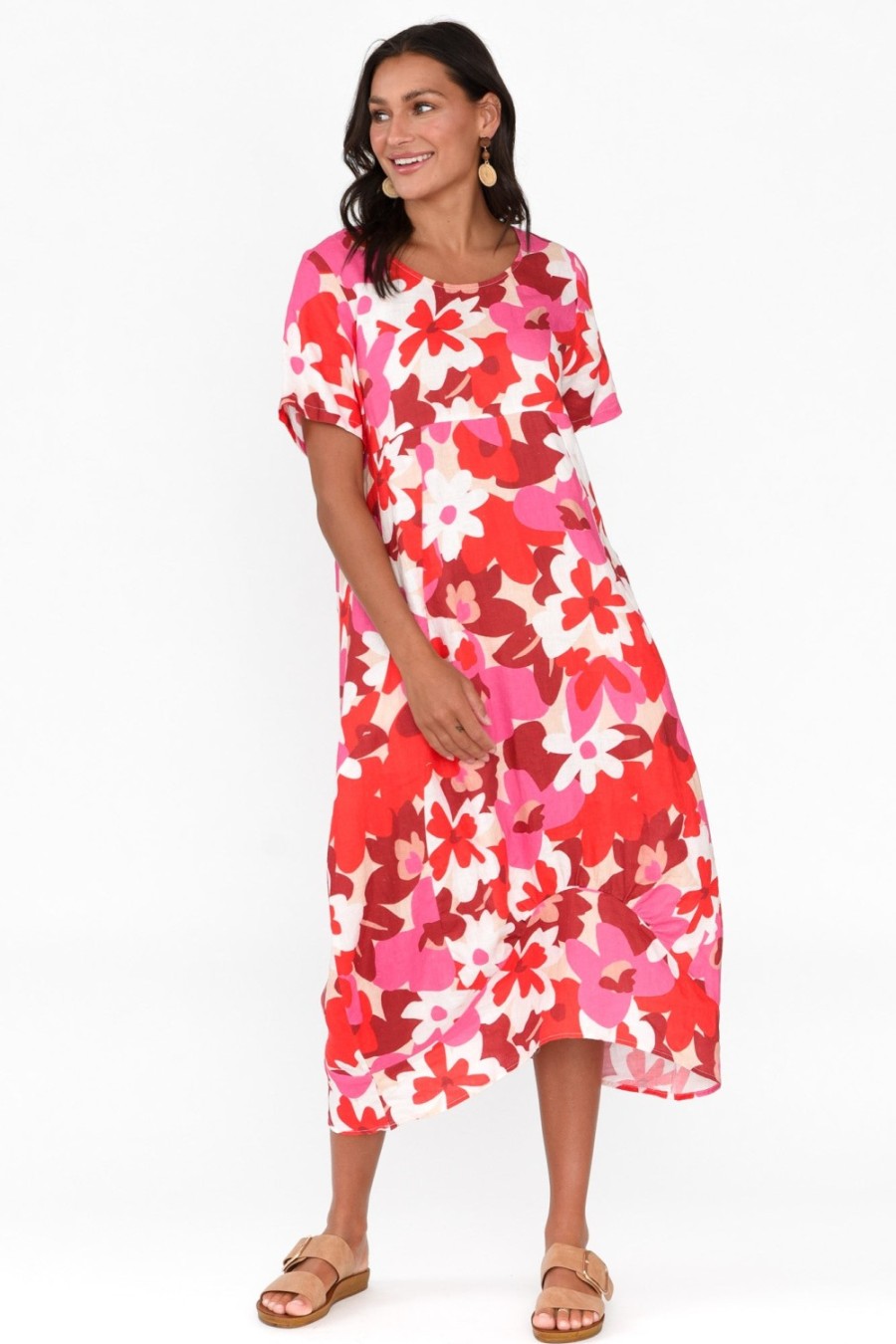 Clothing Cali and Co Linen Dresses | Mattie Red Floral Linen Dress