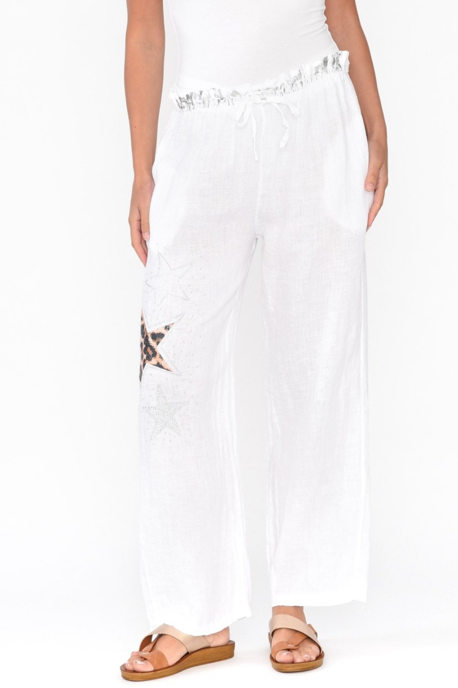 Clothing La Strada Pants | Nalda White Leopard Linen Embellished Pant