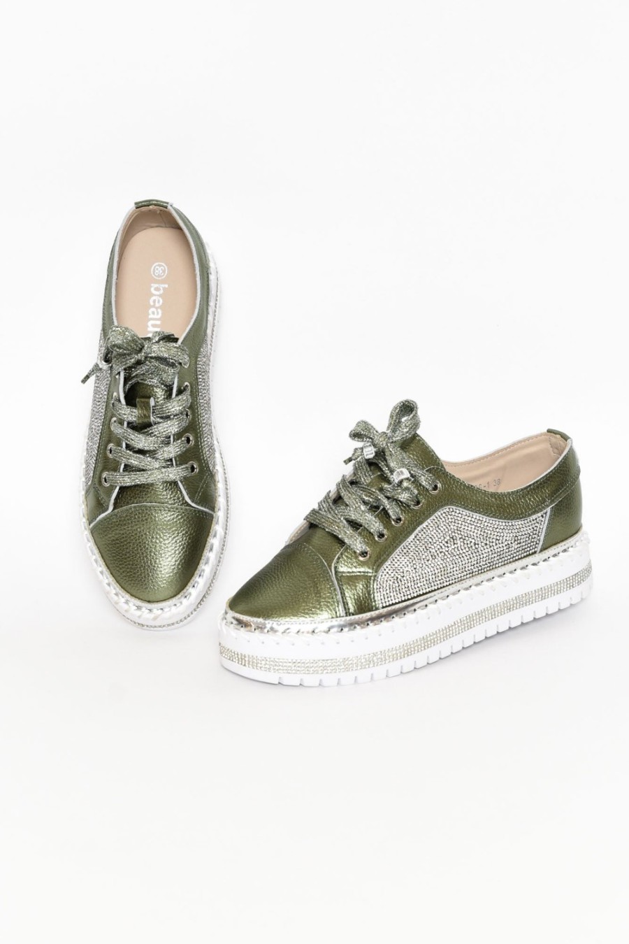 Shoes Beaute Fashion Leather Sneakers | Devin Khaki Leather Diamante Sneaker