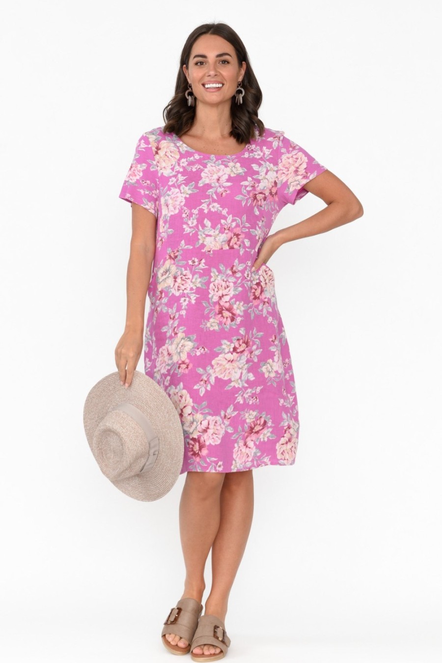 Clothing Cali and Co Linen Dresses | Sawyer Pink Blossom Linen Pocket Dress