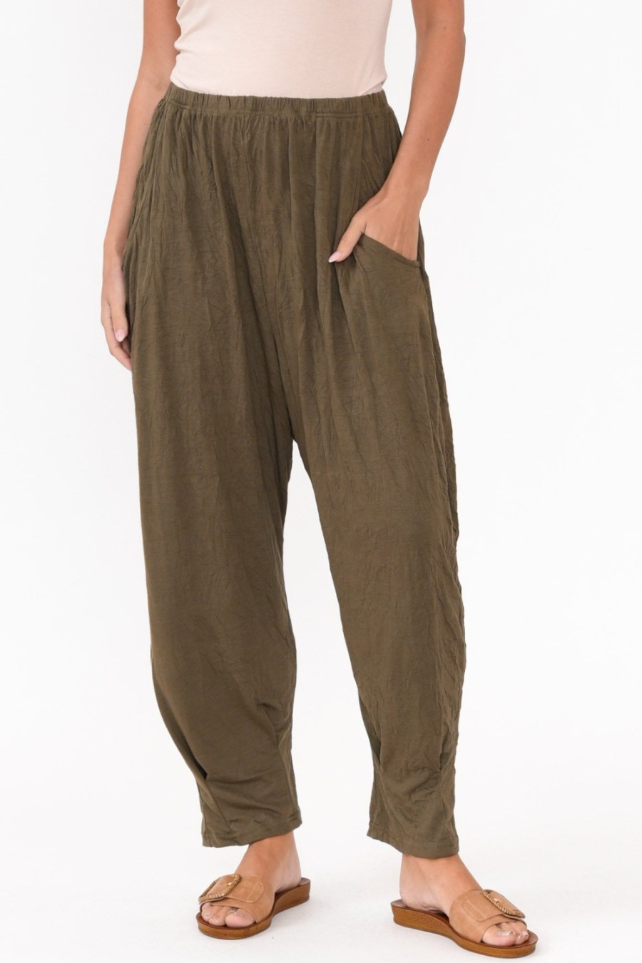 Clothing Cotton Village Pants | Rylee Khaki Crinkle Cotton Pant