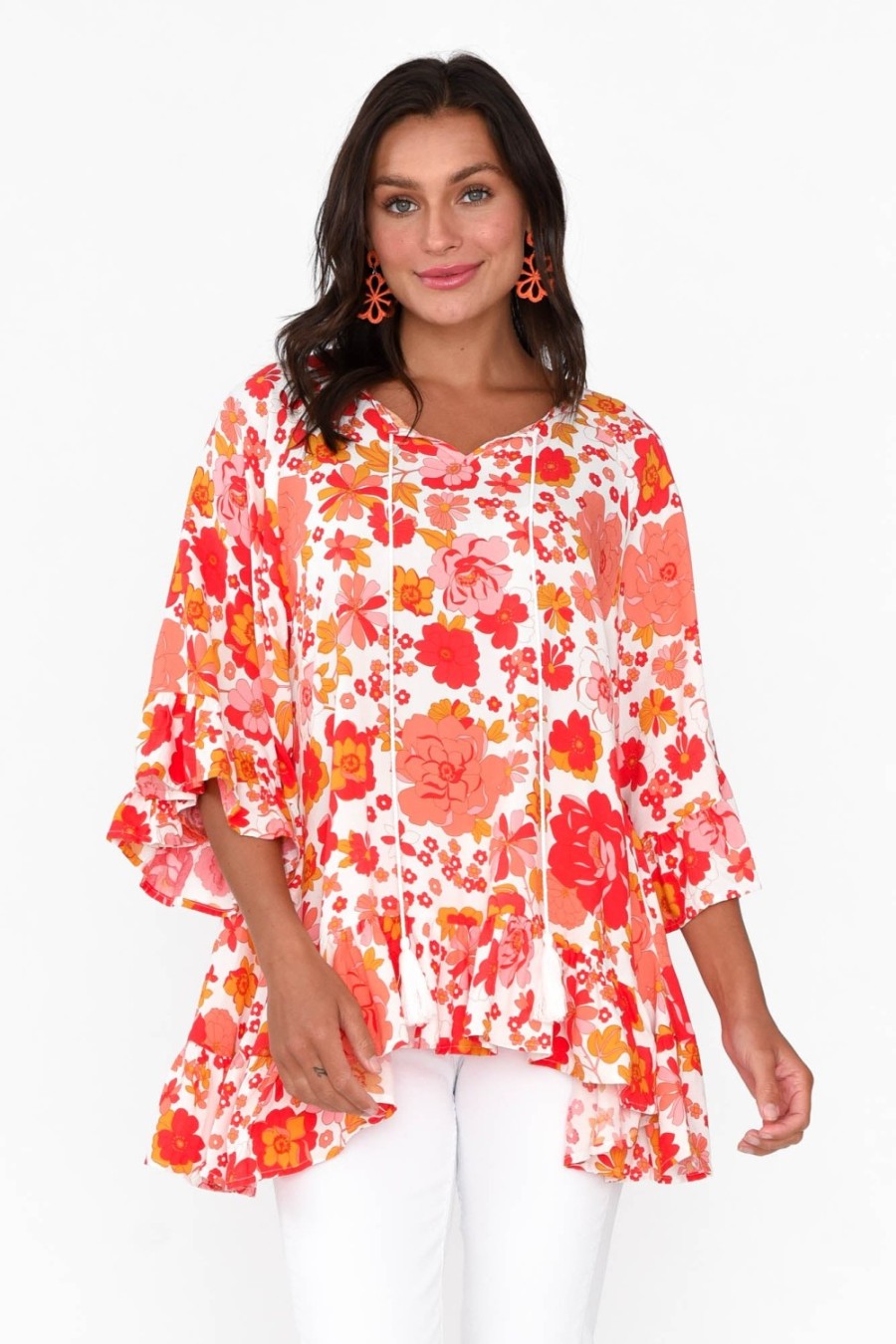 Clothing New U Collection Sleeved Tops | Chase Red Bloom Tassel Ruffle Top