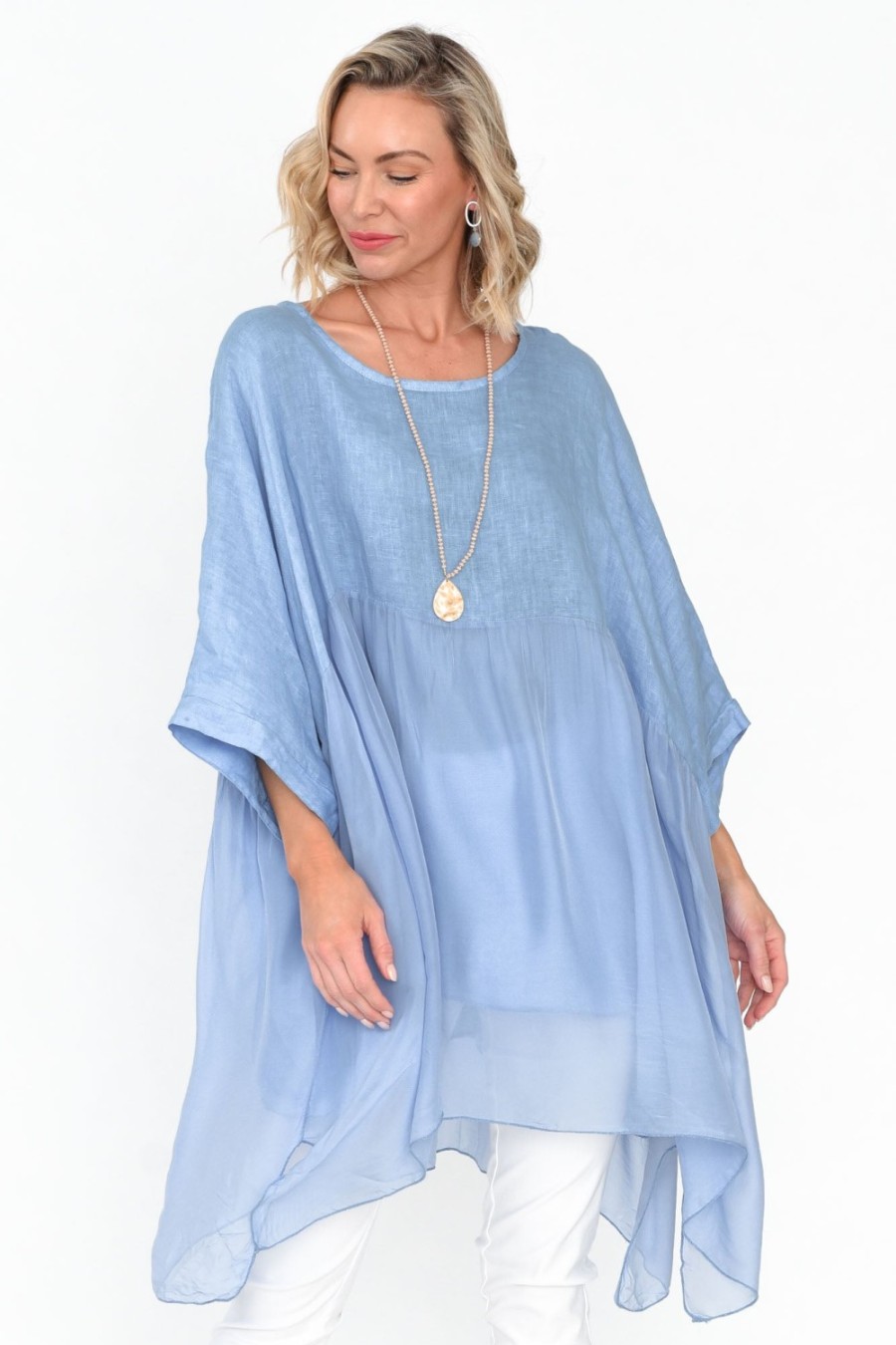 Clothing Fabuler Linen Tops | Marietta Blue Silk Linen Top