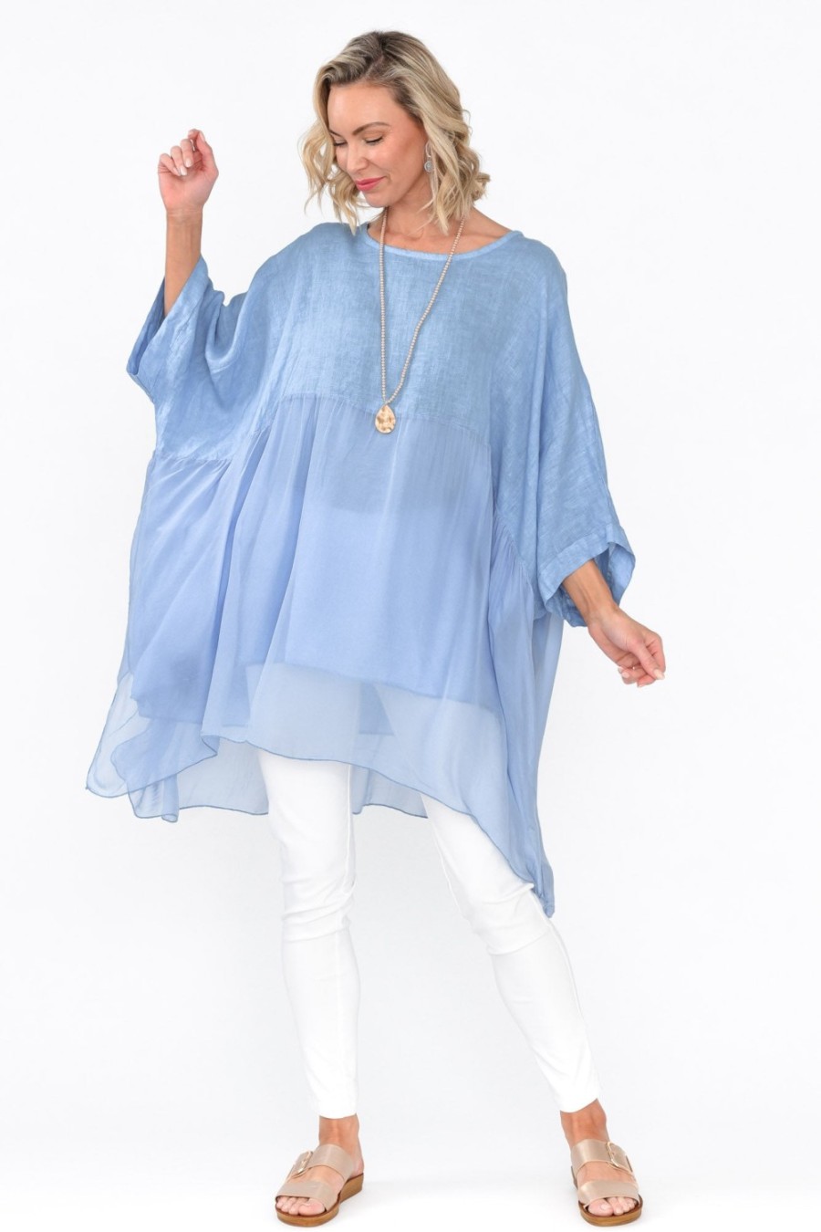 Clothing Fabuler Linen Tops | Marietta Blue Silk Linen Top